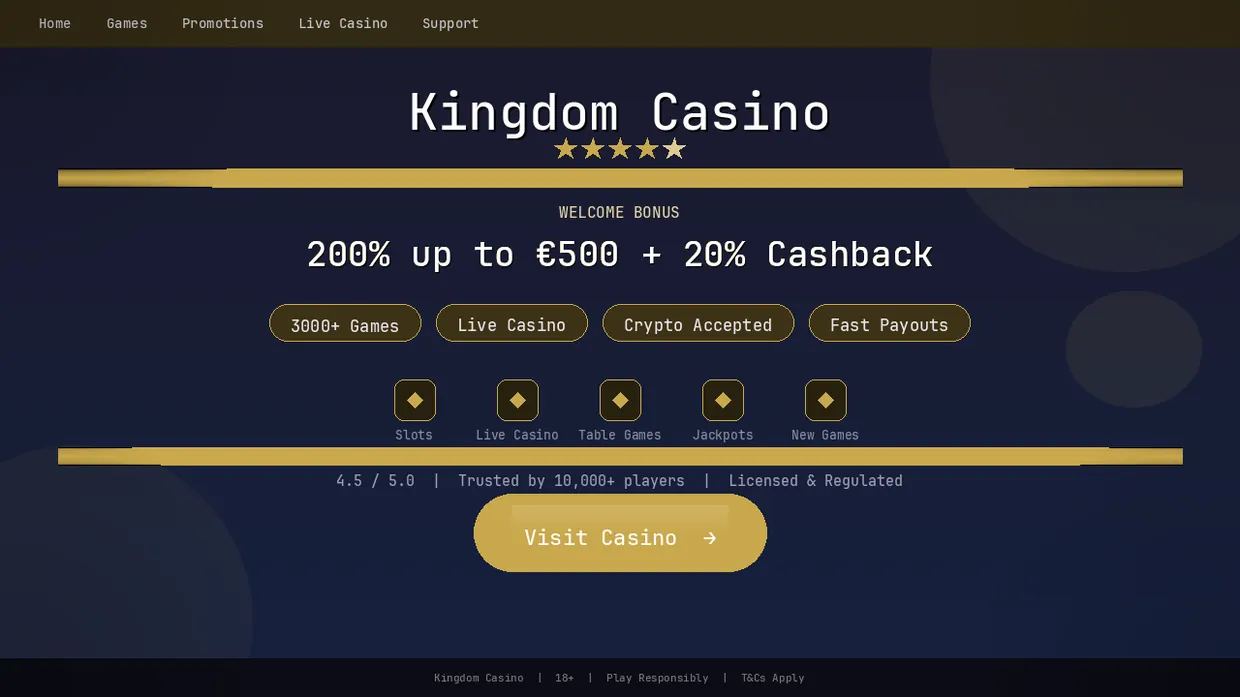 Kingdom Casino homepage featuring welcome bonus and casino games for Canadian players