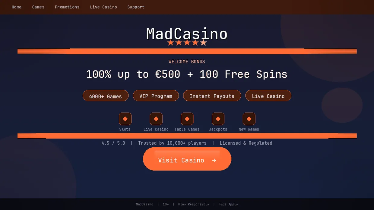 MadCasino homepage featuring welcome bonus and casino games for Canadian players