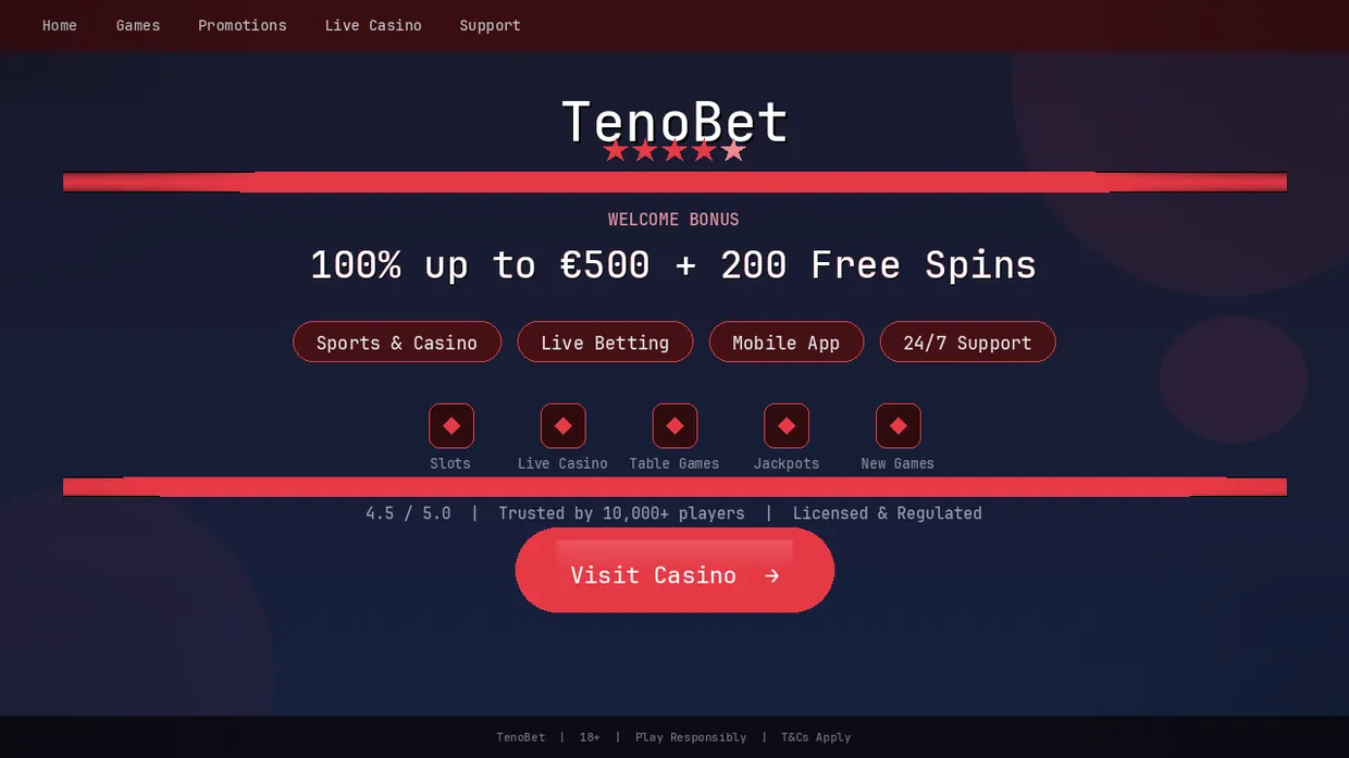 TenoBet homepage featuring welcome bonus and casino games for Canadian players